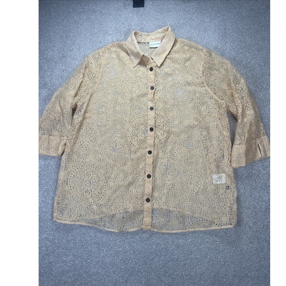 Alfred Dunner Tops - Alfred‎ Dunner Women Sheer Medallion Floral 3/4 Sleeve Button-Up 18W Burnout Top